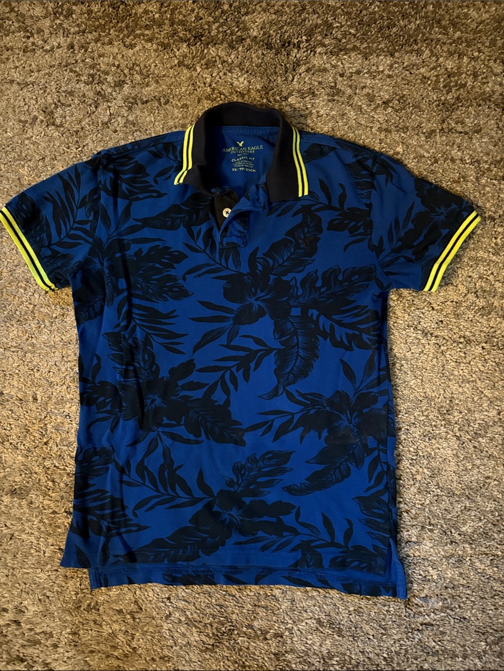 American Eagle Outfitters Blue Polo with Black Floral Print and Neon Yellow Trim